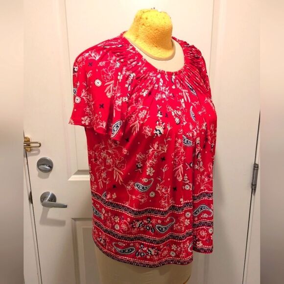 EUC Style & Co 1X Red Floral Paisley Top with Pleated Statement Neckline - Picture 6 of 9